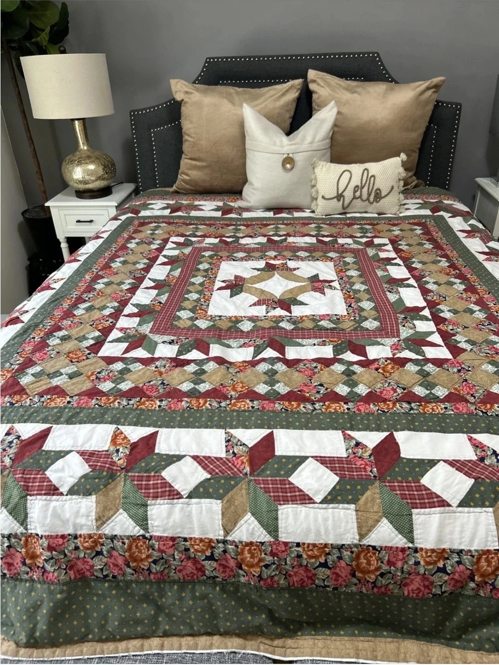 Vintage Handmade Patchwork Floral Quilt - Green, Red, Tan Approx. 81X81